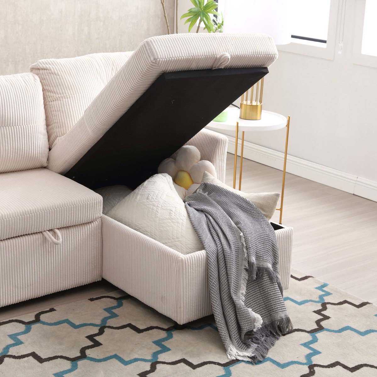 OKWISH Slaapbank - 3-Zits Hoekbank Met Uittrekbaar Bed En Omkeerbare Chaise Longue - Met Opbergruimte Voor Woonkamer - Corduroy - Beige
