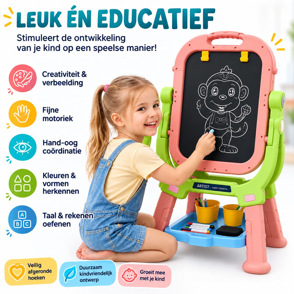 OODBLUE Dubbelzijdig Kinder Tekenbord met Whiteboard & Krijtbord - 360° Draaibaar - Magnetisch - Inclusief 6 Stiften, 12 Krijtjes, Magneten & Accessoires - Verstelbare Kinder Ezel - Vanaf 3 Jaar