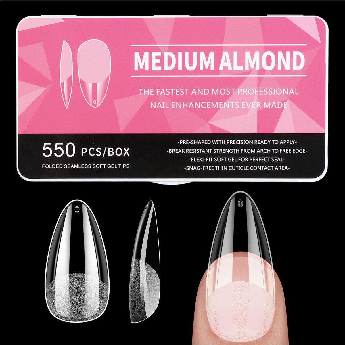 SnelShoppen - Nageltips Amandel 550 Stuks - Full Cover Gel Nageltips, Voorgepolijst, 11 Maten, Perfect voor Nagelverlenging en Nail Art Studio's