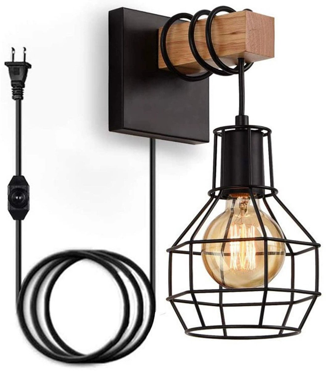 Zwarte Industrieel Vintage Binnenwandlamp Met Snoer, Stekker En Ingebouwde Dimbare Schakelaar - Praktisch Bedlampje Voor Slaapkamer, Woonkamer En Gang