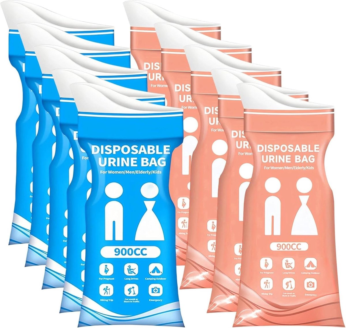 900 ml Plaszak - 10 stuks - Nood Toilet - Wegwerp urinezakjes - Draagbare noodzakjes - Plaszakjes voor Noodgevallen - Voor mannen en vrouwen - Wegwerp Plastuit - Reis toilet - Voor plassen en overgeven - Blauw+Roze