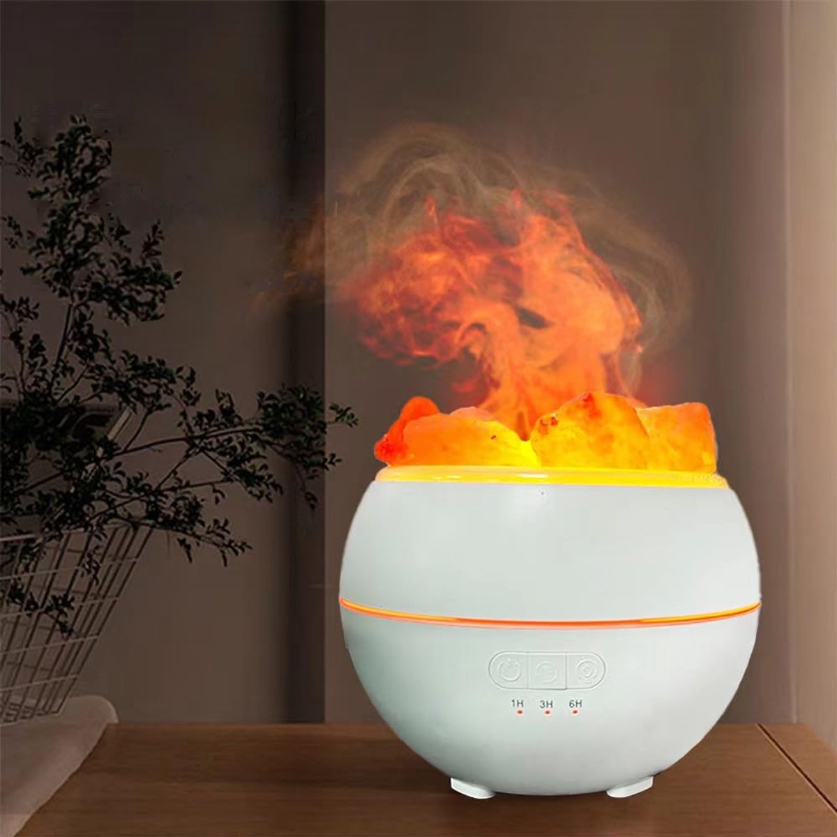 SnelShoppen - Zout Steen LED Omgevingslicht Luchtvochtiger met Dual Mode Vlam Licht en Gradiënt Kleur, USB Aromatherapie Machine voor Bedkant, Nachtli