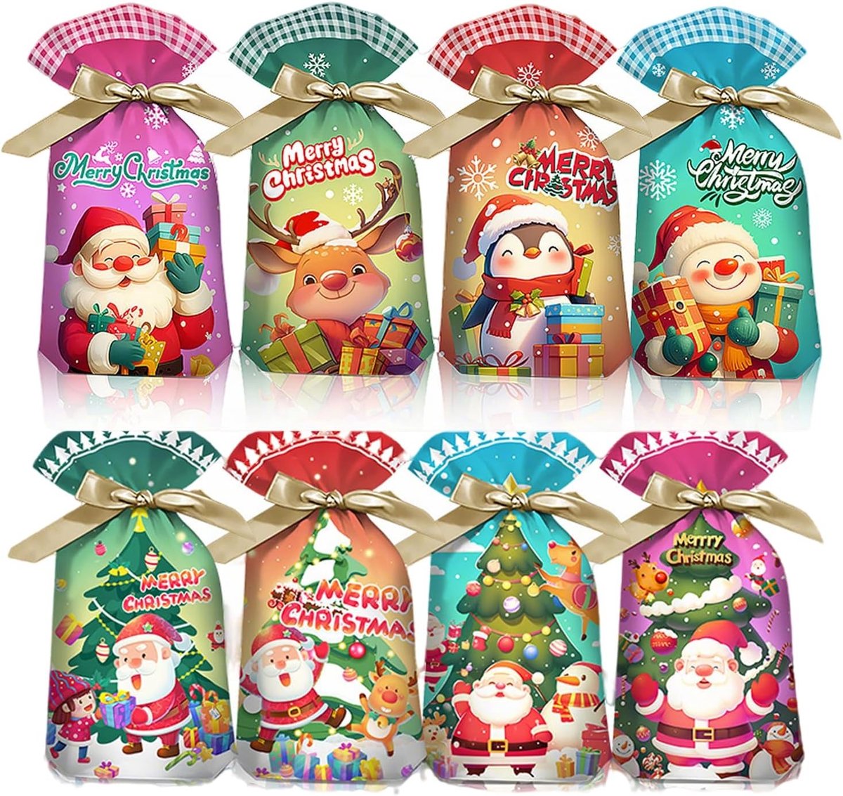 32 Kerstcadeauzakjes met Trekkoord in 8 Motieven, Perfecte Verpakking voor Snoep, Speelgoed en Kleine Geschenken, 15 × 23 + 3 cm
