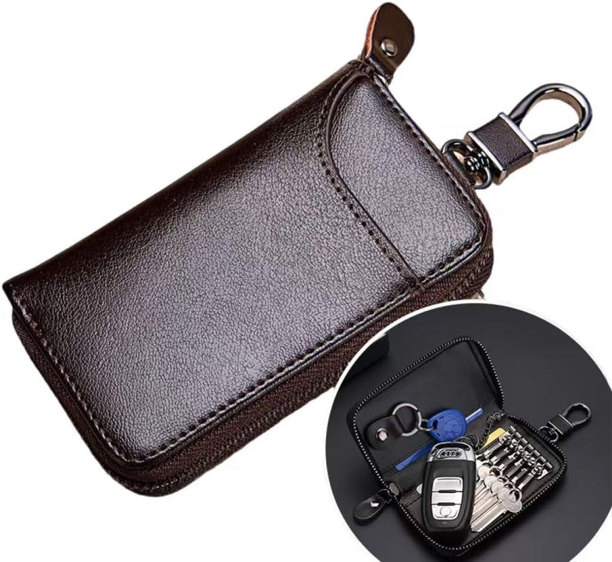 Leren Sleuteltas met 6 Haakjes voor Autosleutels, Ruimte voor Kaarten en Accessoires, Bruin