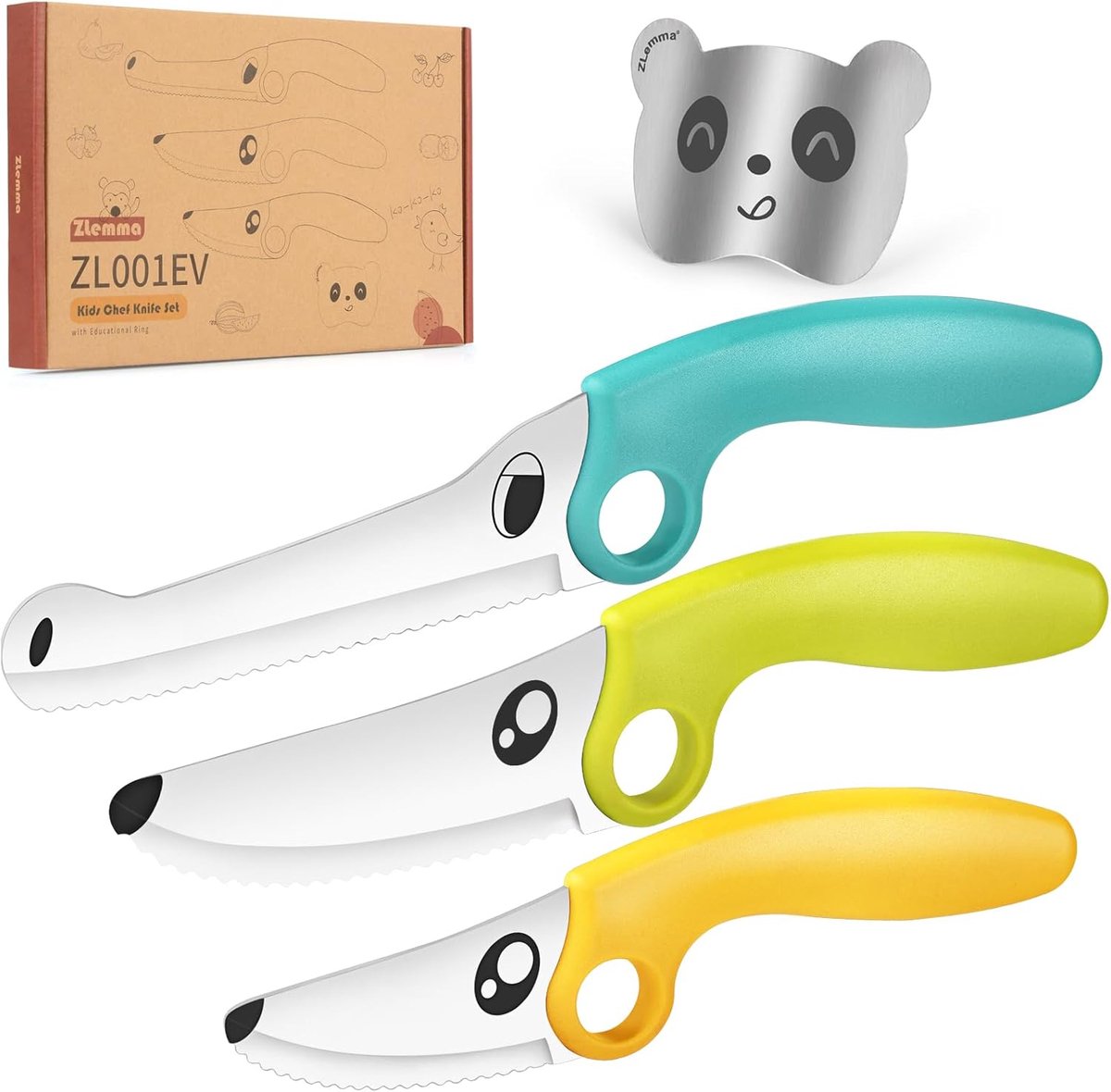 SnelShoppen - ZLemma Kindermessenset 4-delig met Leerring en Panda, Vingerbescherming, Kinderkeukenmes, Roestvrij Staal, Blauw voor Veilig Koken door