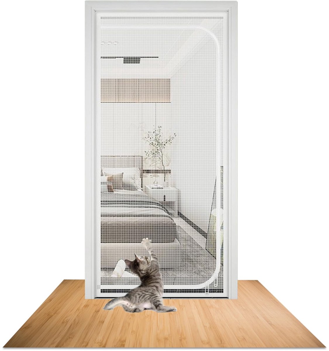 SnelShoppen - Kattenrooster Balkondeur met Verdikte Hond Kat Gaasdeur en Ritssluiting - Kattenbeschermingsrooster voor Woonkamer en Slaapkamer, Veilig