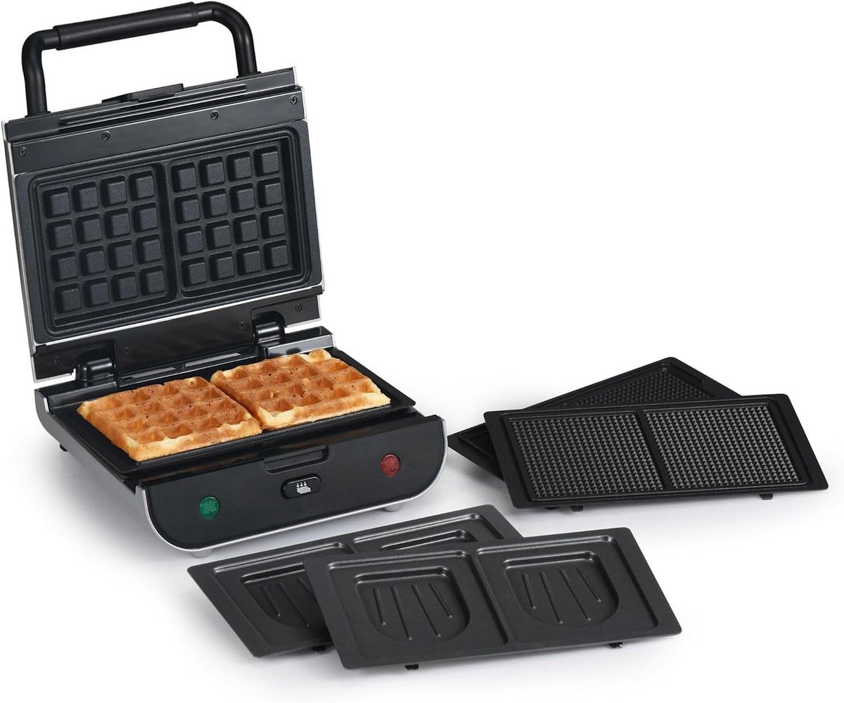Wafelmaker Sandwichmaker - 3-in-1 Apparaat - Snelle Maaltijden - Verwisselbare Platen - 800 Watt - Zilver