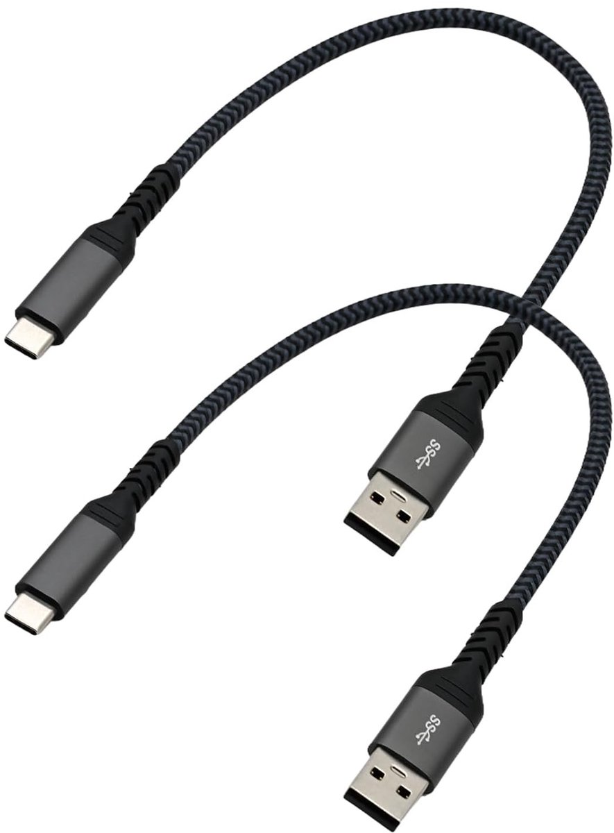 Korte USB C naar USB A Kabels 30 cm - Snelle Oplader en Dataoverdracht voor Tablet, PC en Powerbank - Set van 2 Zwarte Kabels