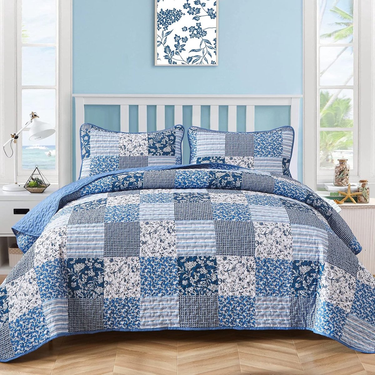 SnelShoppen - King Size Blue Boho Quilt Set 3-delig, Plaid Floral Bedspread Coverlet Set 229x264cm, Reversible Bedding voor Alle Seizoenen