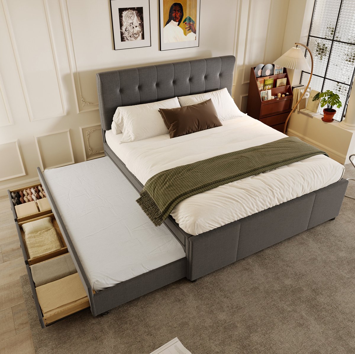 COVREO Bedframe 140x200 cm grijs, uitschuifbed, lades, zonder matras