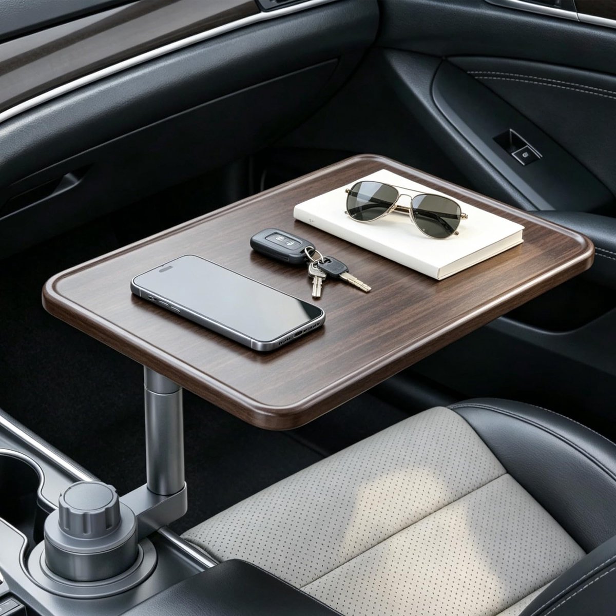 SnelShoppen - 360° Draaibare Autolaptoptafel met Bekerhouder, Houten Laptophouder voor Auto, Multifunctionele Autotafel en Opbergblad voor Tesla, Ford