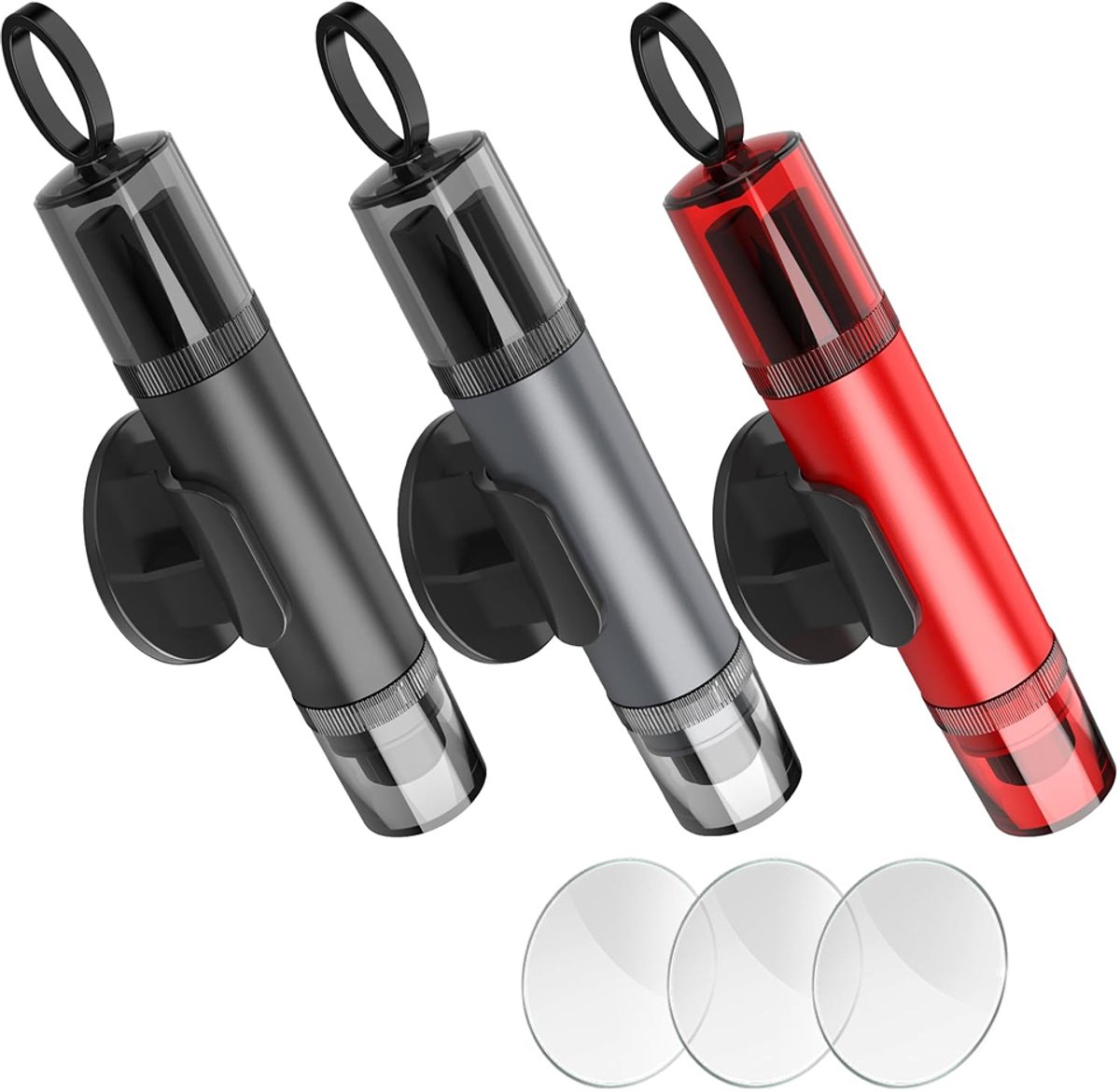 Autoglasbreker - 3 stuks - Gordelsnijder - Ontsnappingsgereedschap voor in de auto - Onderwater veiligheidsruitenbreker - Autoruitbreker en Gordelsnijder - Draagbaar - Compact - Met Testglas - Rood, Zwart, Grijs