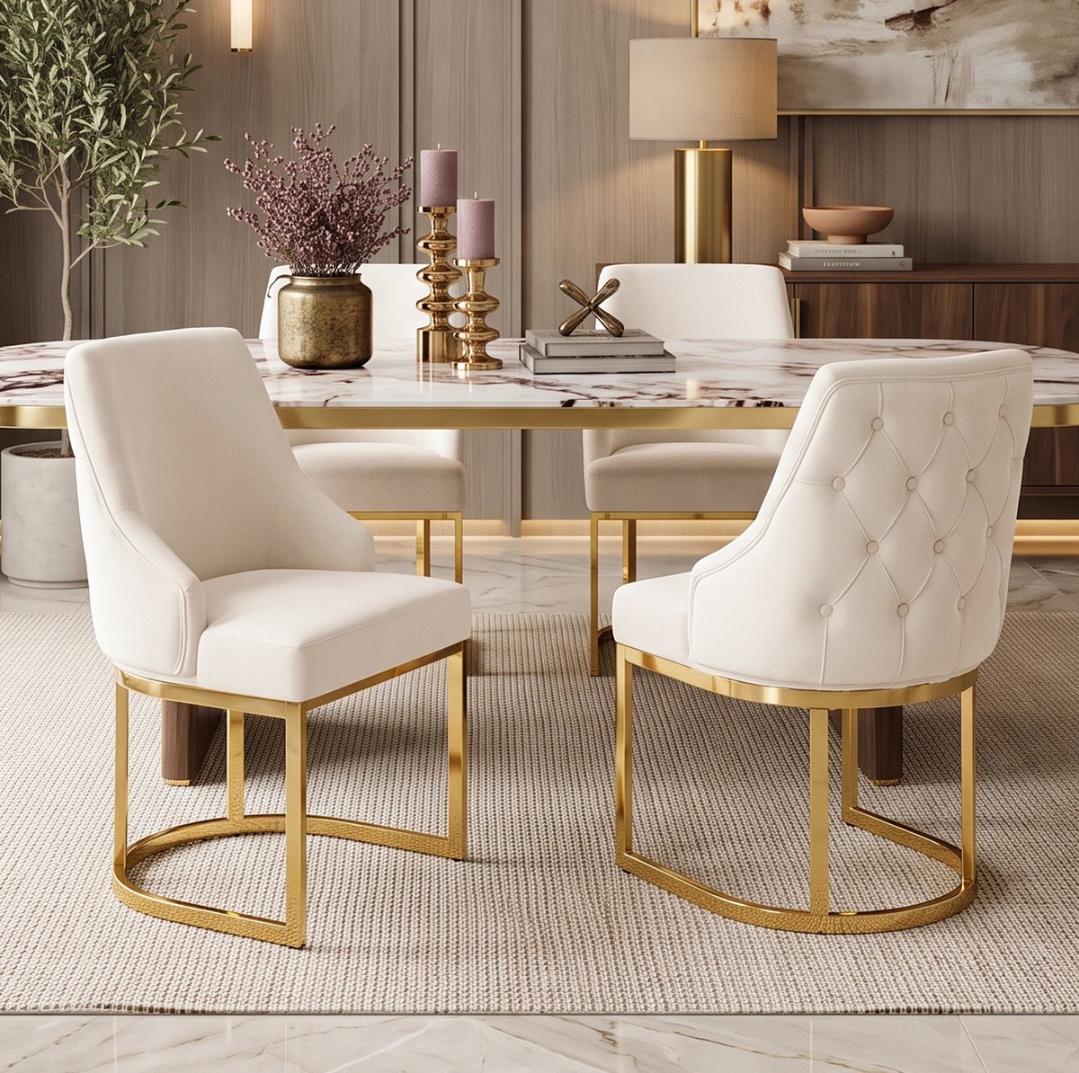 HAUSS SPOLE Eetkamerstoel - Luxe Velvet Design - Set Van 4 - Comfortabel Met 3D Ruitstikse