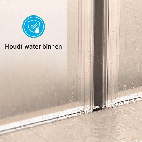 Een douchedeurstrip die water binnenhoudt. Een icoon met een schild en een druppel.