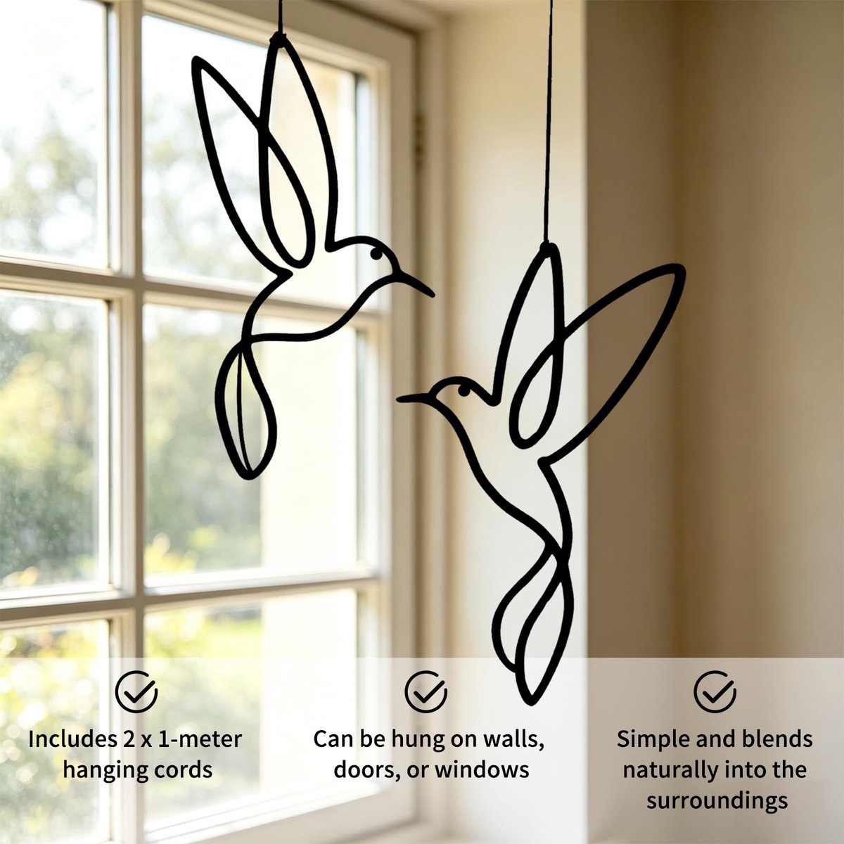 SnelShoppen - Set van 2 Elegante Vogels om op te Hangen - Moderne Raamdecoratie voor Slaapkamer en Woonkamer - Inclusief 2 x 1 m Touwen en Haken - Per