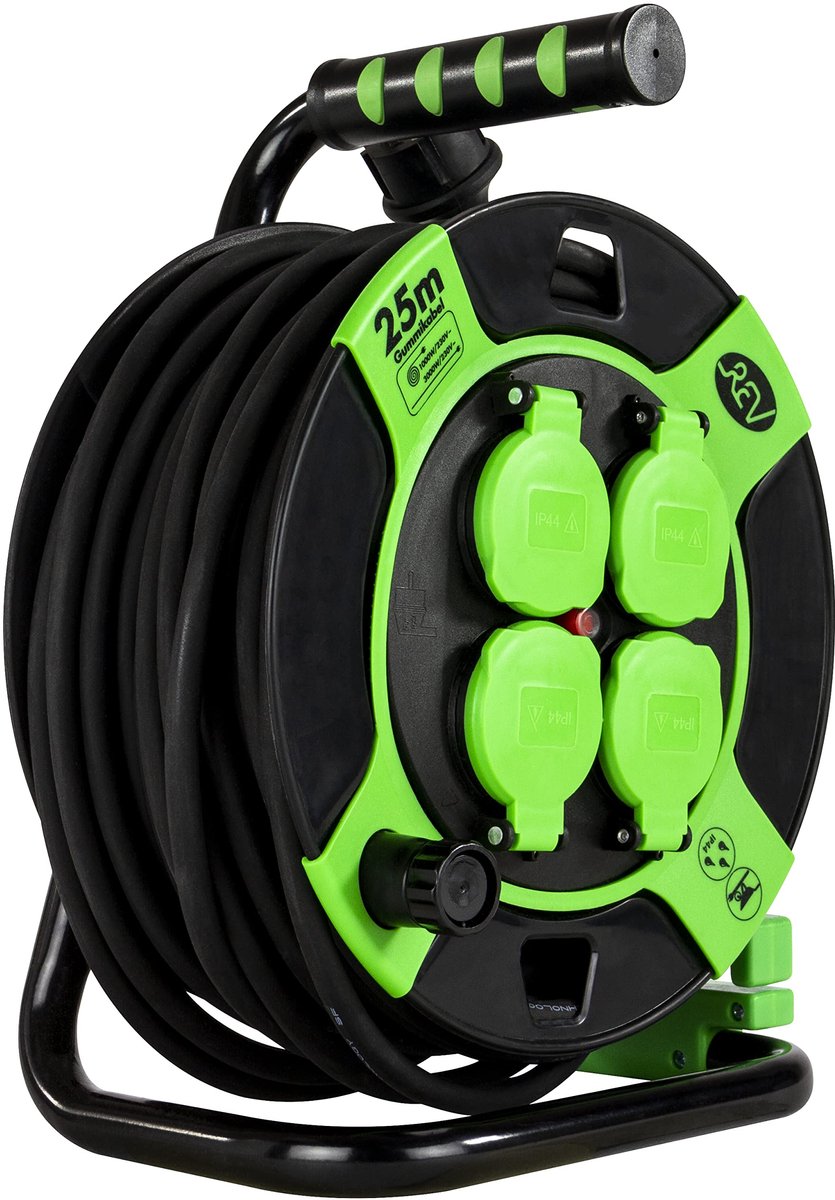 SnelShoppen - REV Kabelhaspel Verlengkabel 25m, Outdoor IP44, 4 Stopcontacten, Thermoschakelaar, Zwart - Ideaal voor Tuin, Camping en Feesten