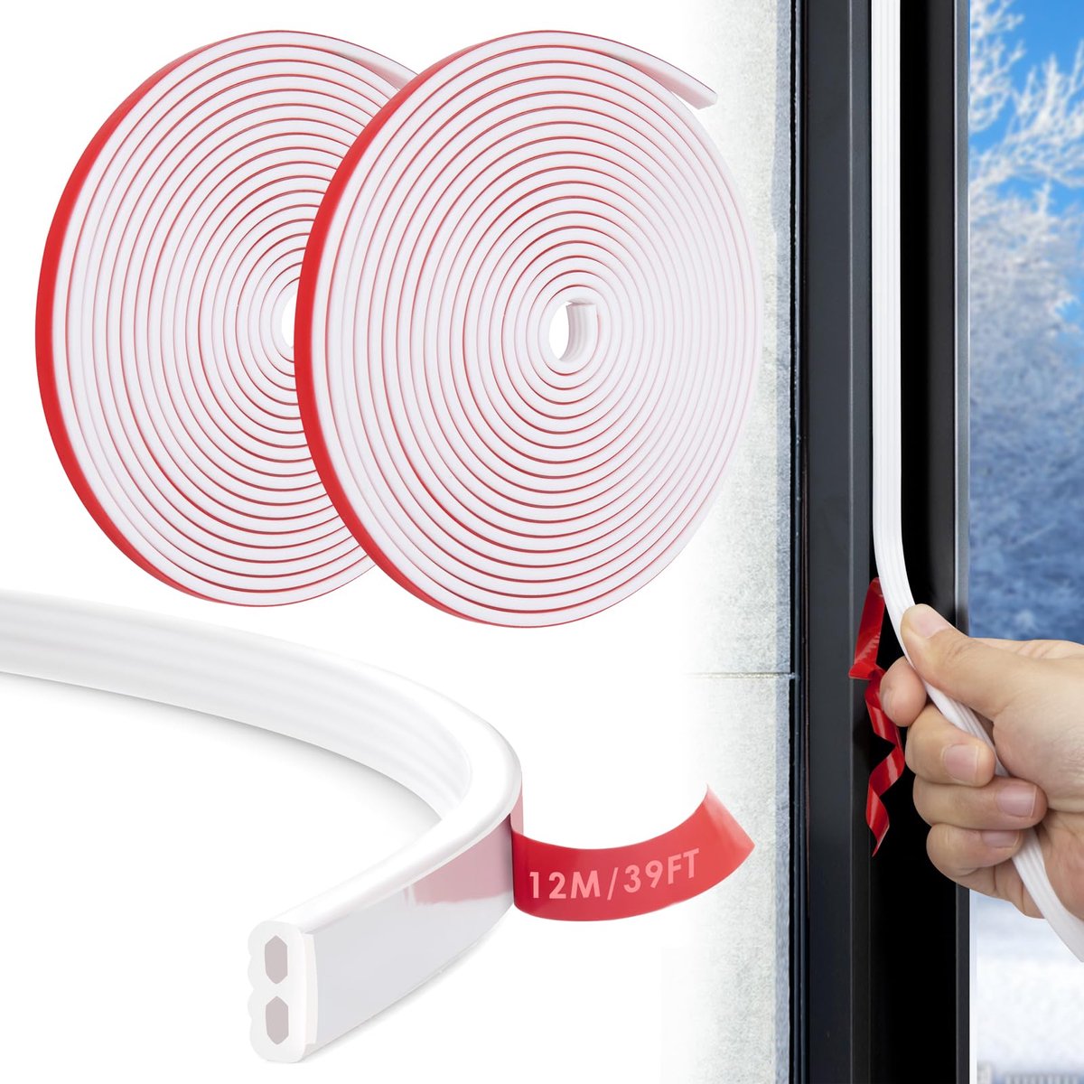SnelShoppen - Tochtwerende strip voor ramen en deuren, 12 m siliconen afdichtingsstrip, zelfklevende tochtstrip, witte isolatiestrip voor optimale iso