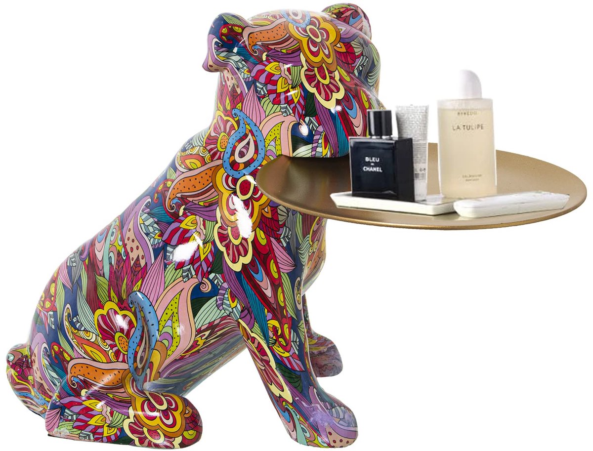 SnelShoppen - Figuur Perro van kunsthars grafiet met lint 35 x 32 x 29 cm - Decoratieve hond voor binnen en buiten, ideaal voor feest, tuin en interie