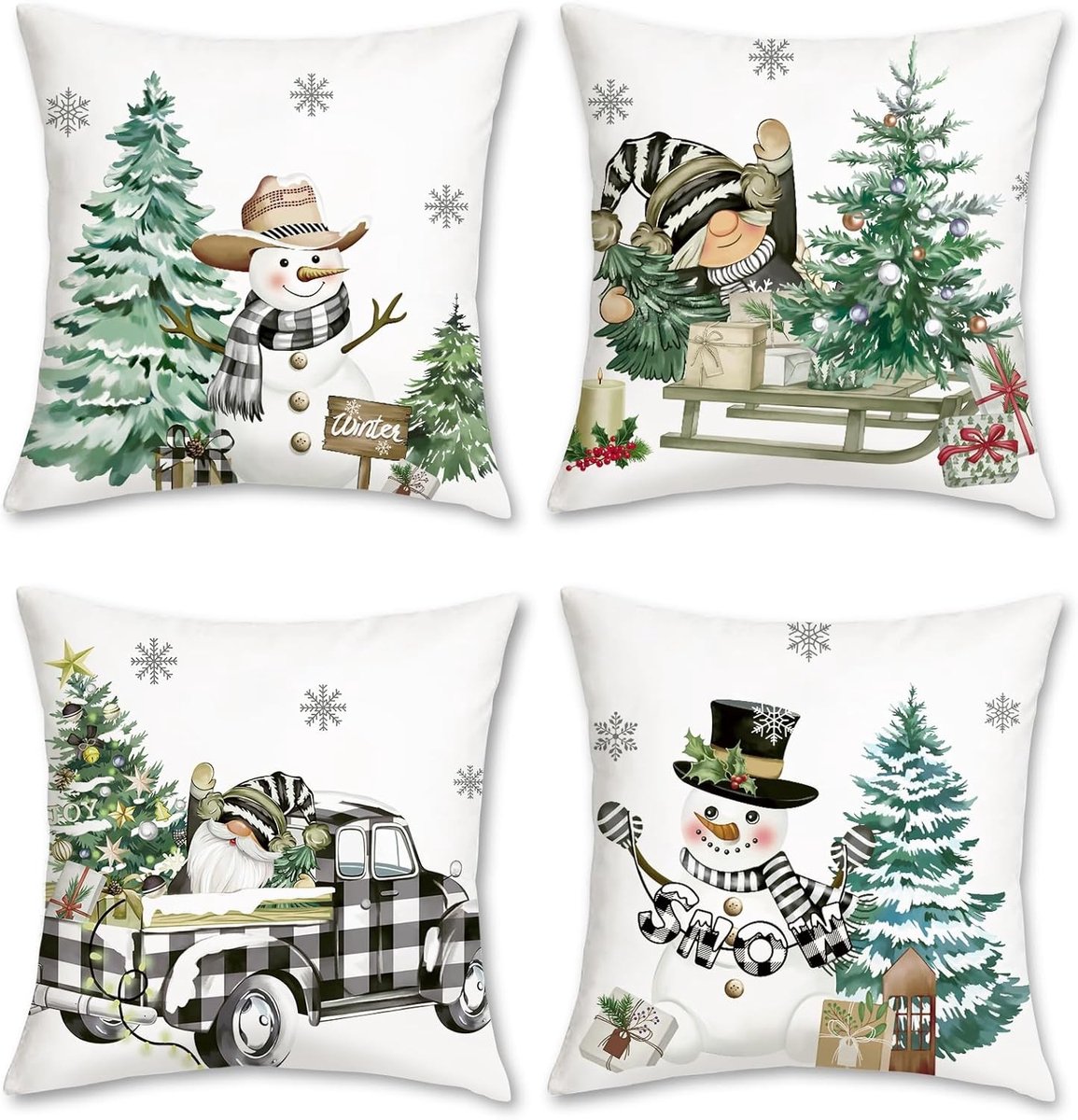 Kerst Kussenhoezen met Sneeuwman, Gnoom en Kerstboom - Decoratieve Kussens voor Bank en Bed, Set van 4, 18x18 Inch, Fluweel en Ruitpatroon