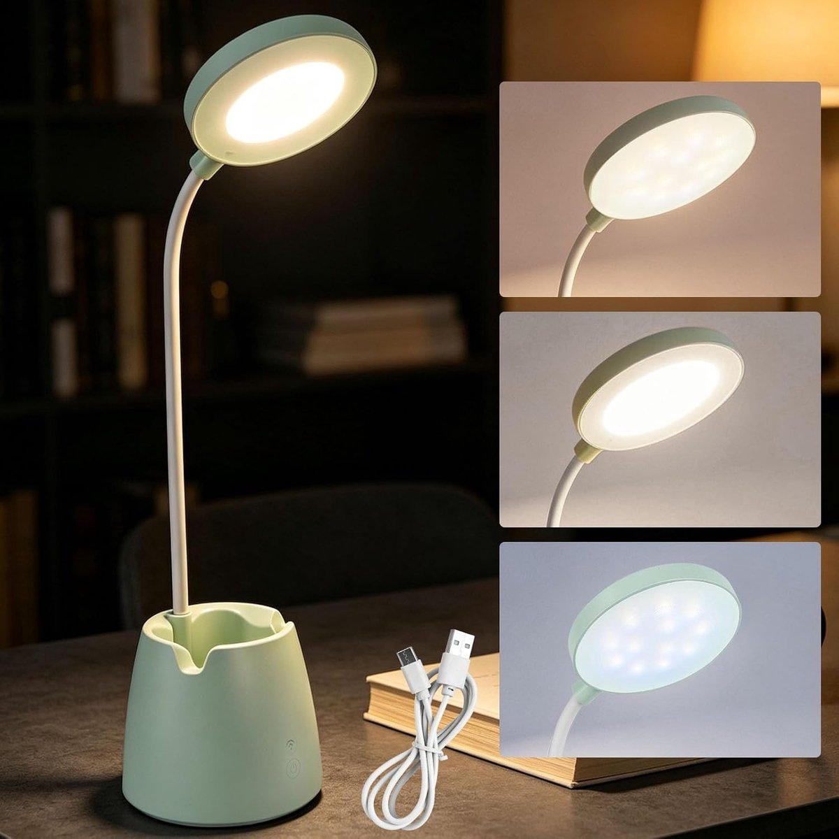 Dimbare 3-in-1 bureaulamp voor kinderen met penhouder en telefoonstandaard, ideaal voor lezen, studeren en werken met USB-oplaadbare nachtlamp en touch-schakelaar
