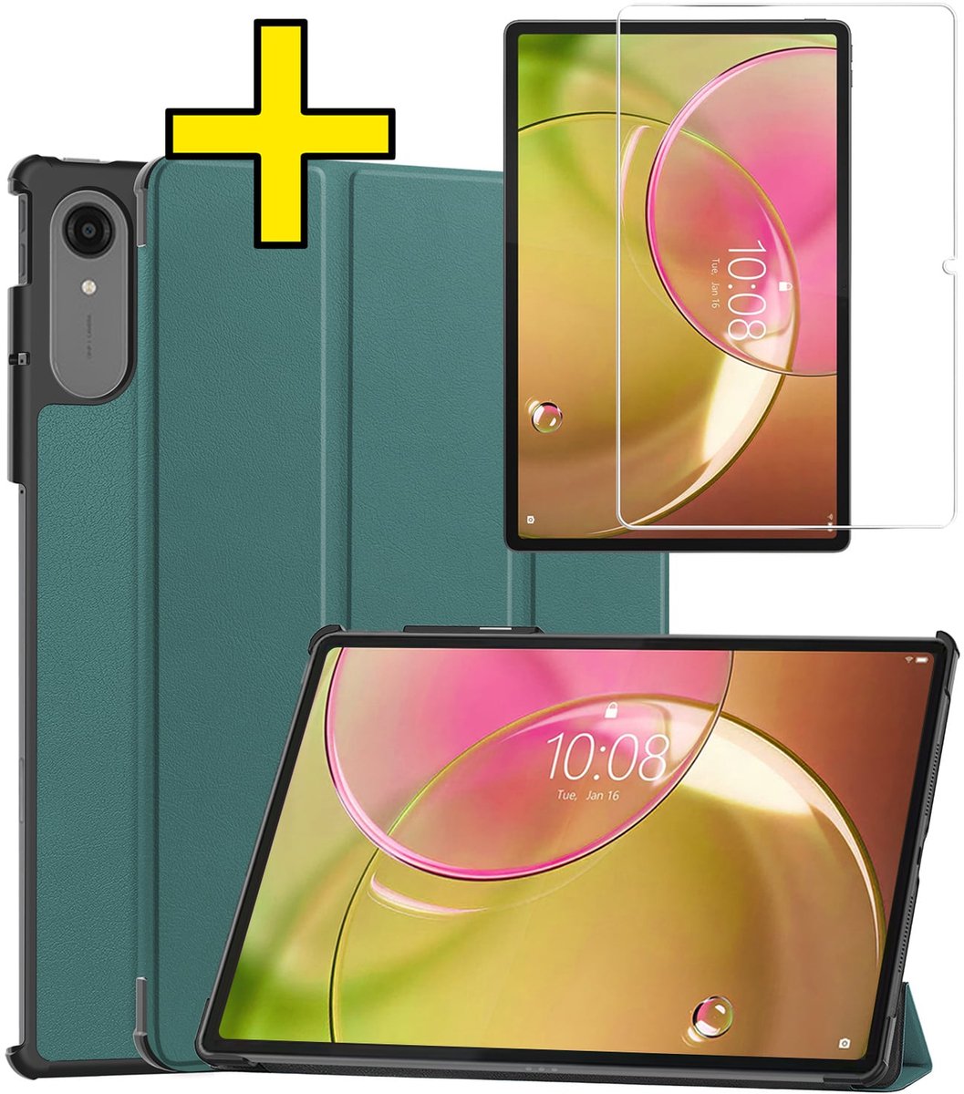 Hoes - Geschikt voor Lenovo Idea Tab Pro Gen 2 - Met Screenprotector - Trifold Bookcase - Hard Cover - Hardcover Book Case - Tablet Hoesje - Donkergroen