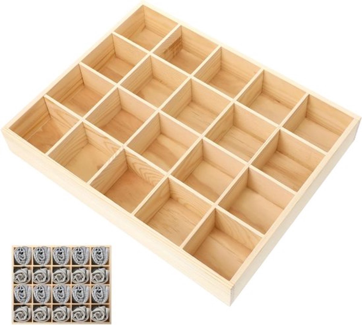 Houten Opbergdoos met 20 Compartimenten voor Sokken en Ondergoed, Ideaal voor Bureau en Thuisorganisatie