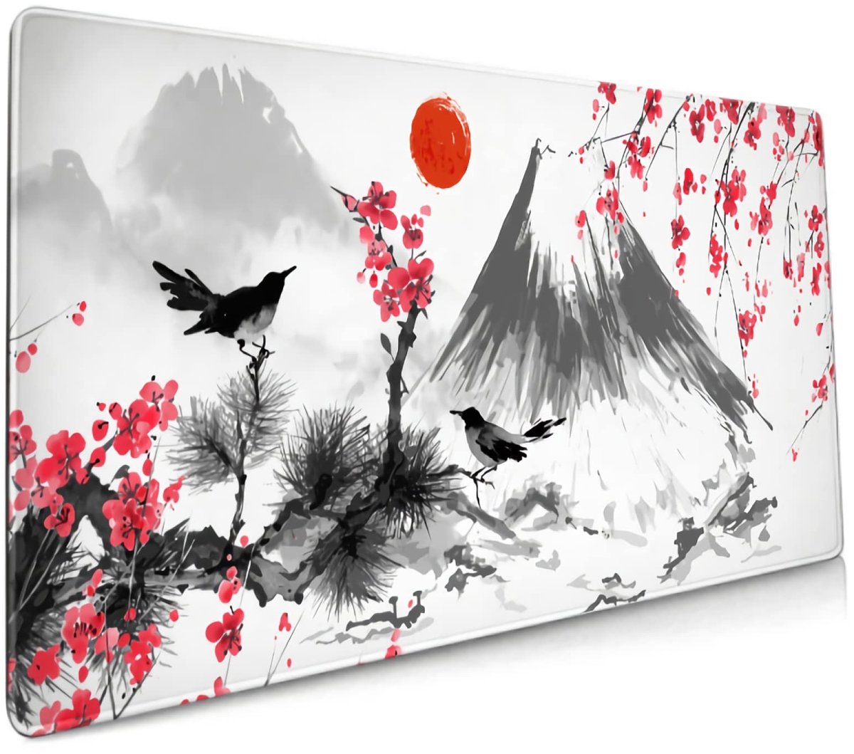 Gaming muismat - Grote Muismat 80 x 30 cm - Oosters Landschap - Chinese Inktschildering Bureauonderlegger - XXL Muismat met Antislip Rubberen Onderkant - Waterafstotend en Gestikte Rand - Voor Kantoor, Thuis en Gaming