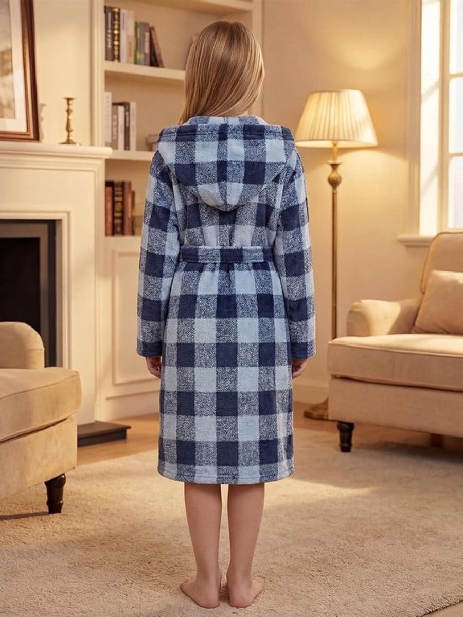Badjas met capuchon voor kinderen van pluche - Zachte flanel badjas voor jongens en meisjes van 4-14 jaar met ruitpatroon