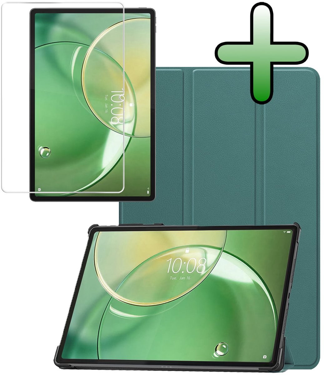 Hoesje Geschikt voor Lenovo Idea Tab Pro Gen 2 - Met Screenprotector - Trifold Bookcase - Hard Cover - Hardcover Book Case - Tablet Hoes - Donkergroen