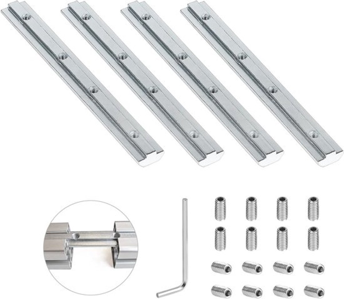 4-delige connectoren voor 40 x 40 aluminium profielen, carbon staal verbindingsstukken, inclusief 16 M5 schroeven en een sleutel