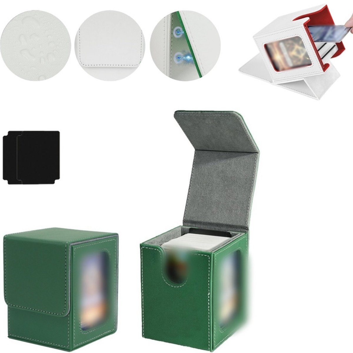 Kaartenopbergdoos – Magnetische TCG-displaydoos – Geschikt voor 100 kaarten met dubbele sleeves – Verticale deckbox van PU-leer – Verzameldoos met kijkvenster – 8,5 x 9,5 x 11,2 cm