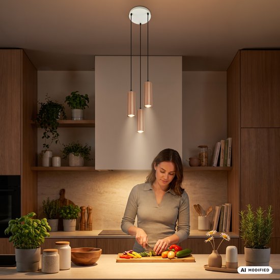 Vrouw snijdt groenten in een keuken met drie koperkleurige hanglampen boven het aanrecht.