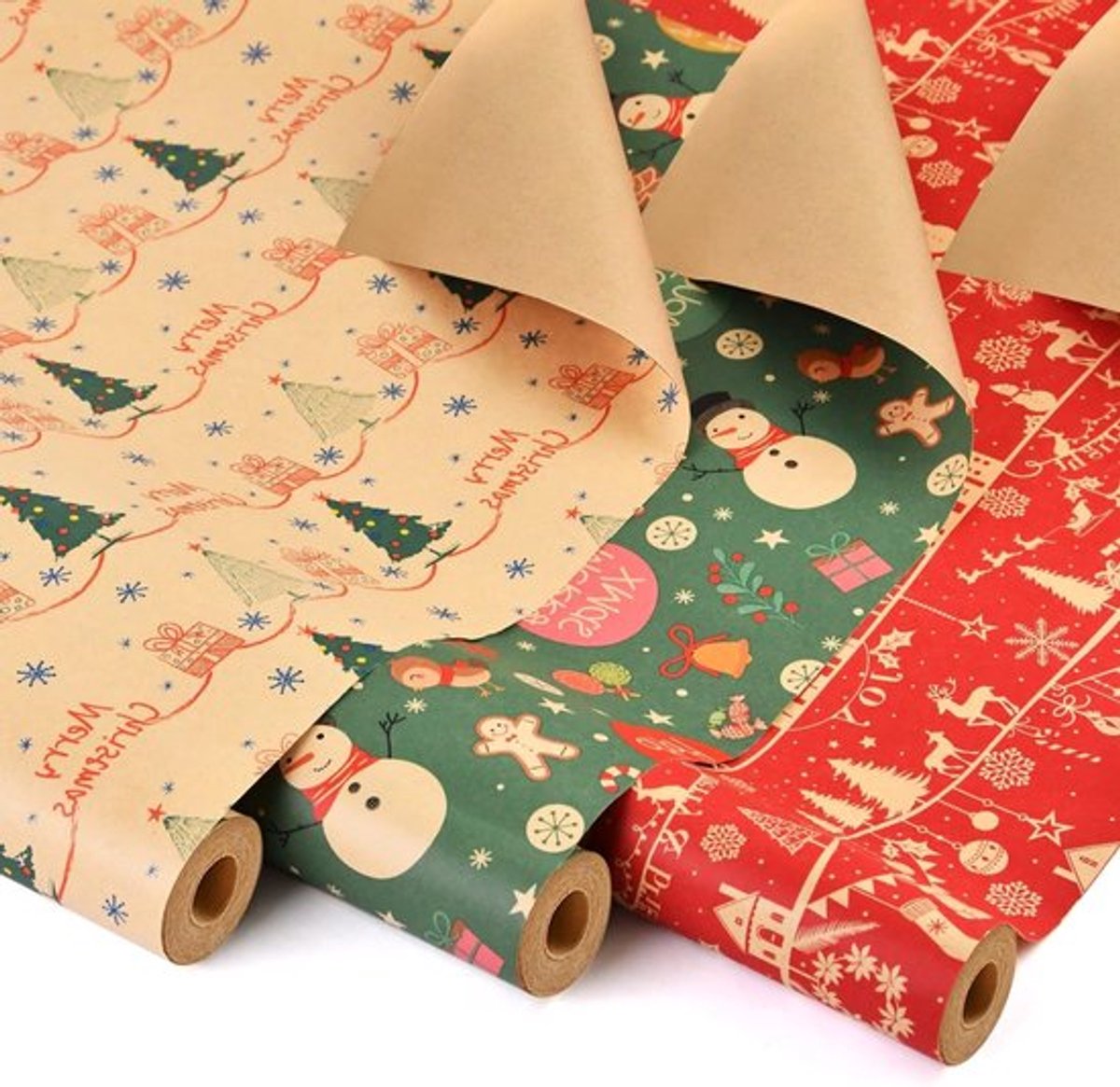 Cadeaupapier voor Kerstmis, 3 rollen van 43 cm x 10 m, duurzaam kraftpapier voor kerstcadeaus, verjaardagen en feestverpakkingen (kerstboom, sneeuwman, hert)