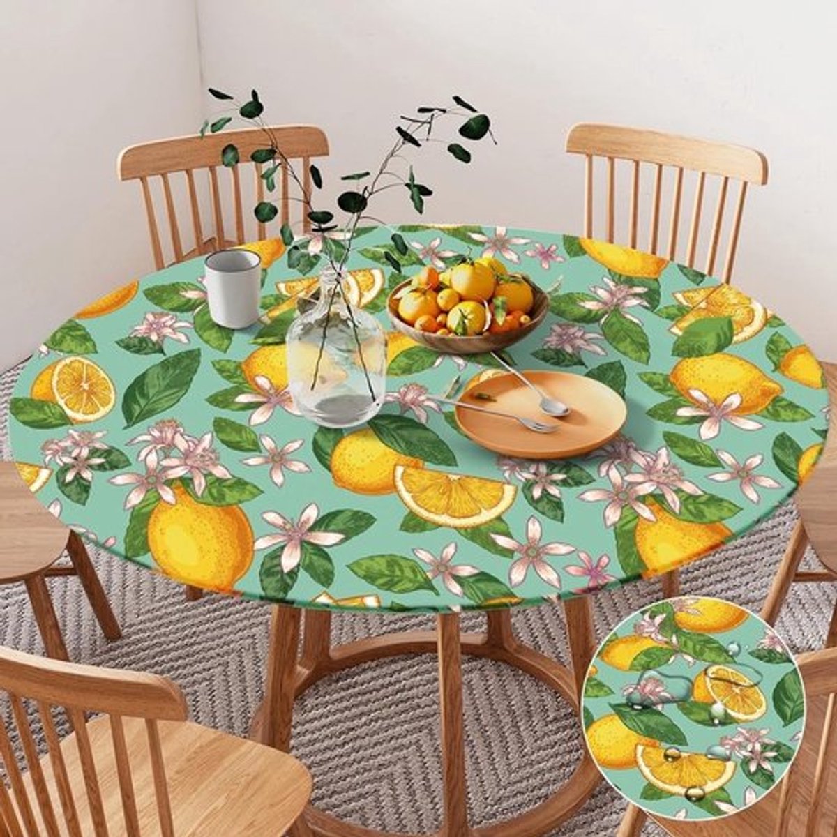 Ronde Tuin Tafelkleed met Citroenmotief, 90 cm, Elastisch en Wasbaar, Weerbestendig Tafelkleed voor Buiten