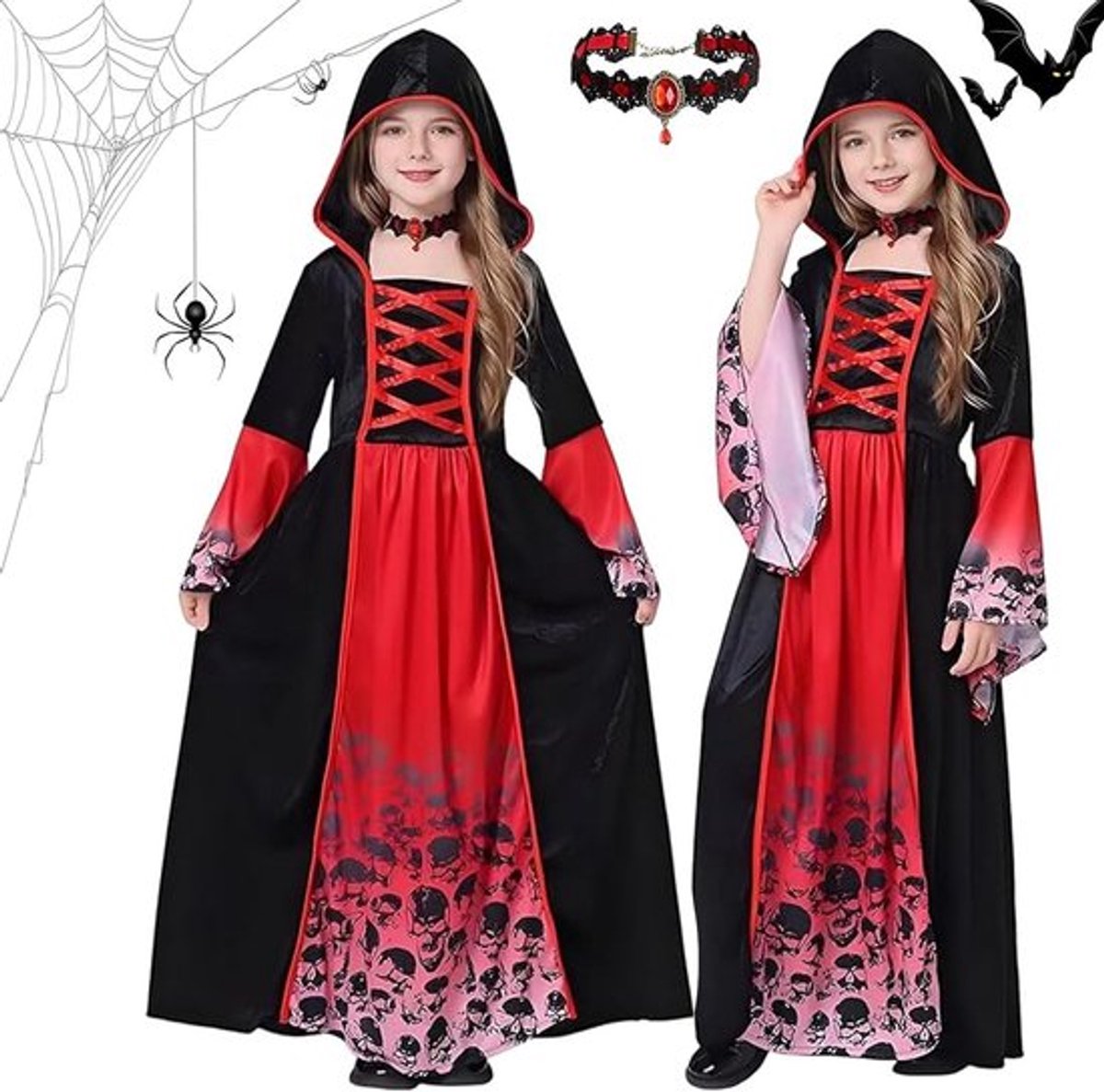 Vampier jurk voor meisjes in rood en zwart met capuchon, perfect voor Halloween, carnaval en feestelijke gelegenheden