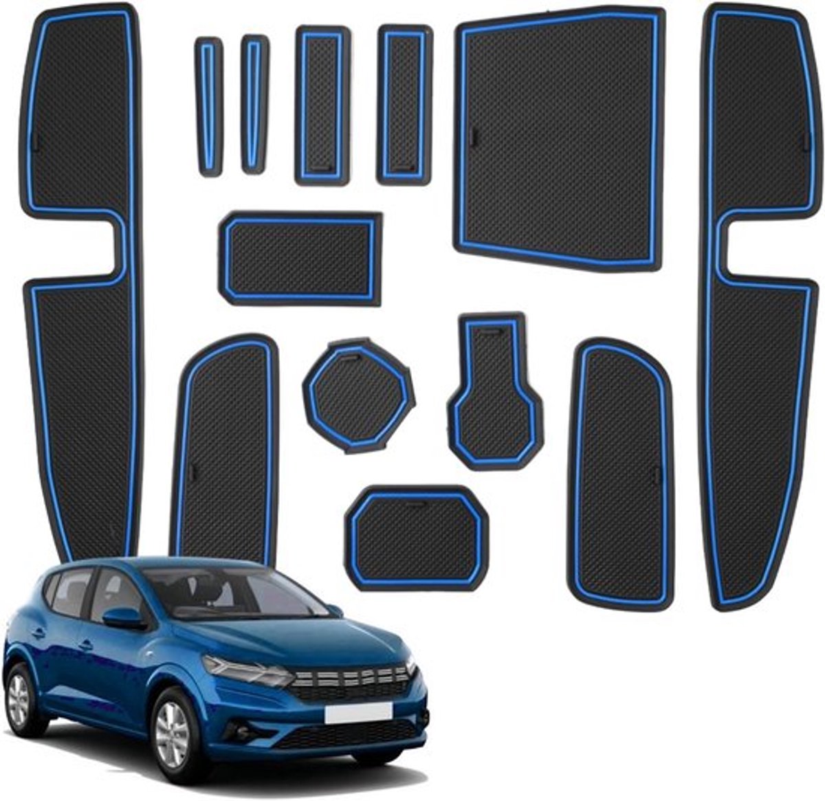 Niet-slipmatten voor Dacia Sandero III en Stepway III, Rubber Mat voor Console, Bekers en Deuren, Accessoires voor Auto, Blauw en Duurzaam