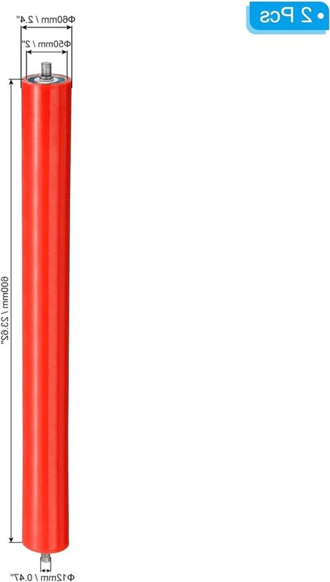 Polyurethaan gecoat transportrol, diameter 4 inch, lengte 24 inch, 2 stuks, RVS vervangingsonderdeel met gegalvaniseerde eindstukken, rood, voor transportbanden en machines