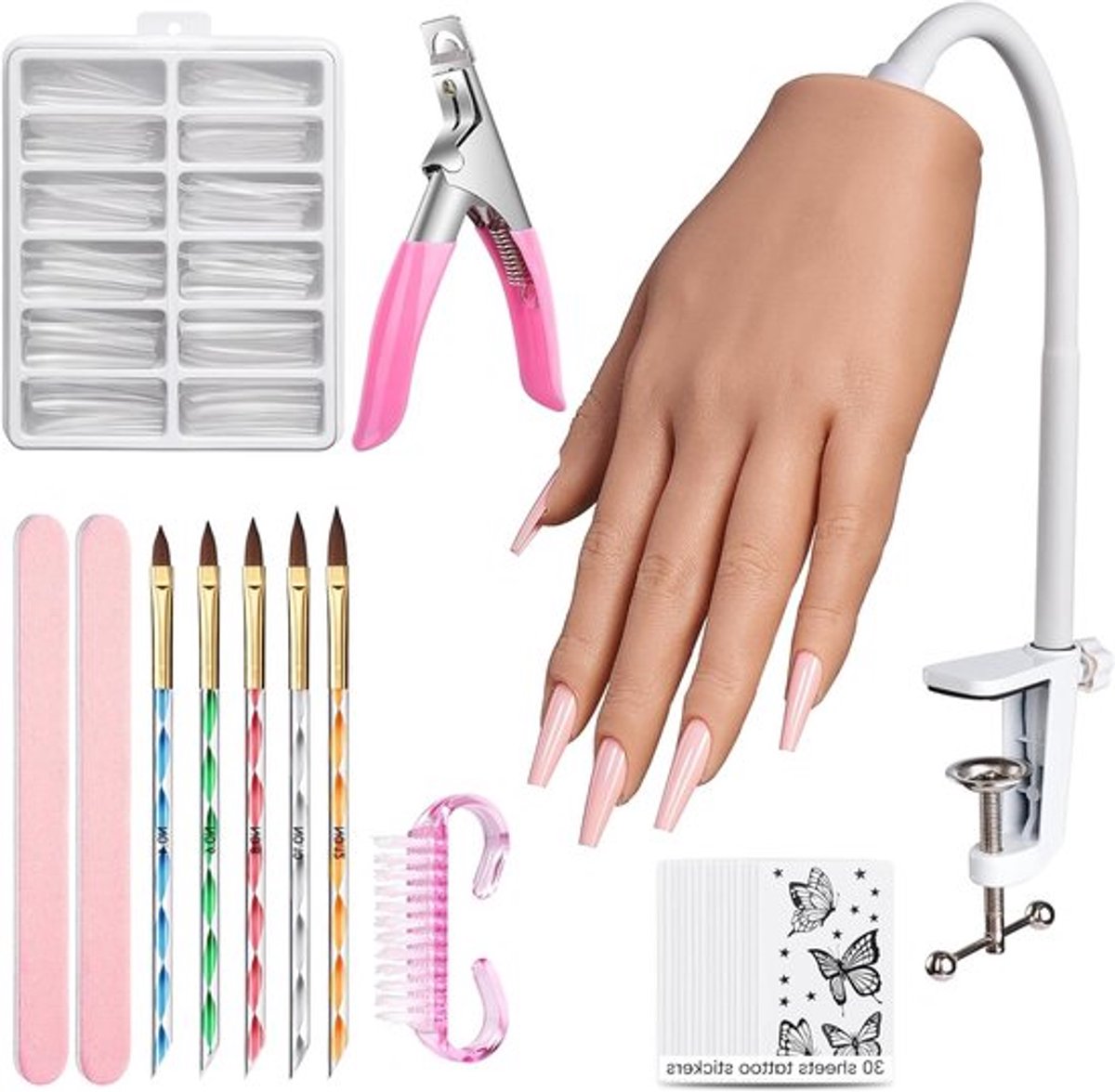 Flexibele Oefenhand voor Nagelontwerp: Training Hand met Valse Nagels, Nagelborstel en Vijl - Ideaal voor Acryl Nagels en Manicure Oefeningen