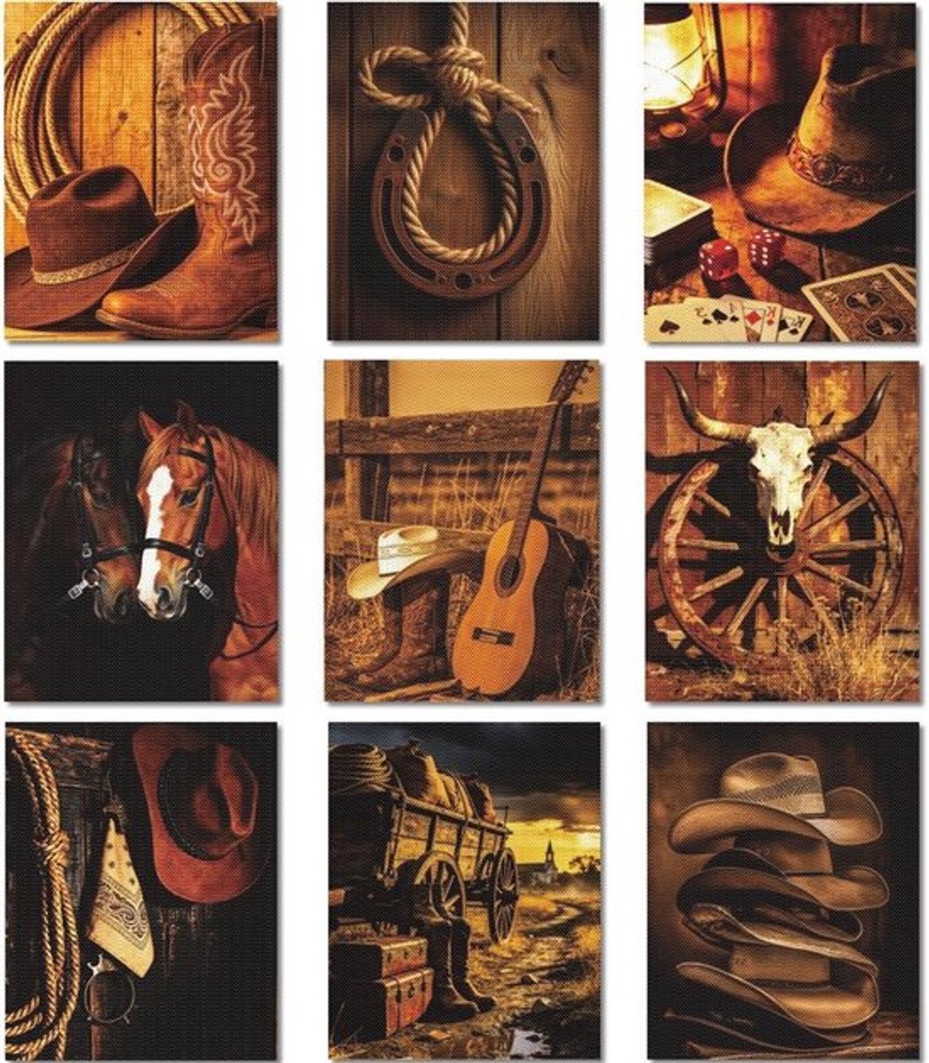 9 Stuks Muurkunst Prints in Zwart en Goud voor Wanddecoratie - Westerse Regio Foto's en Schilderijen voor Kantoor en Slaapkamer, 20 cm x 25 cm (8 x 10 inch)