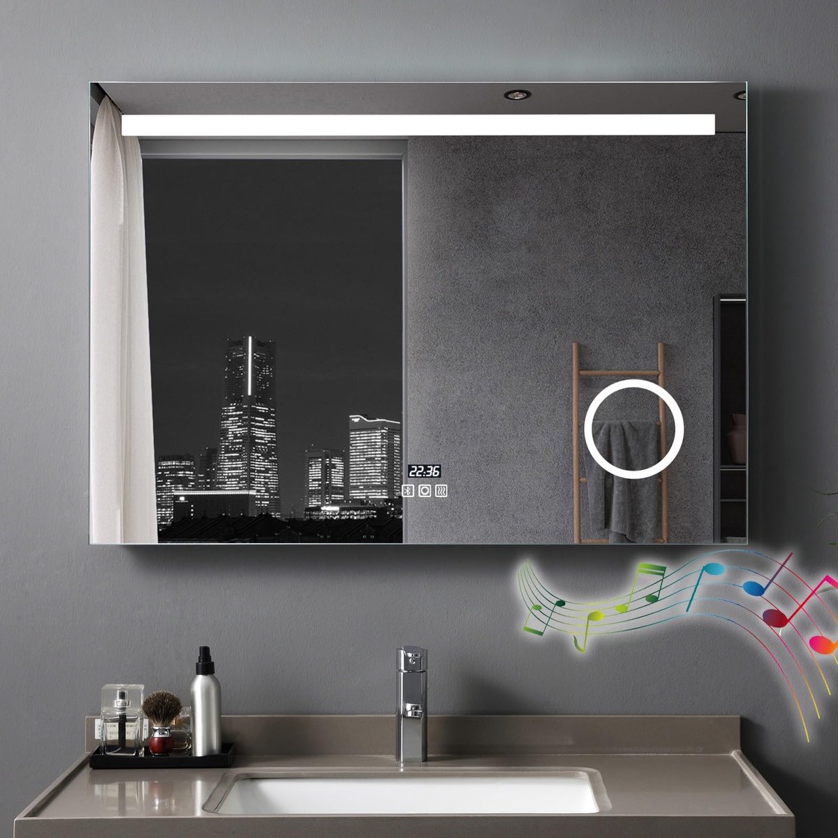 SnelShoppen - Led-badkamerspiegel 100x70 cm met verlichting, dimbaar, Bluetooth, klok, warmwit/koudwit licht, anti-condens wandspiegel met stopcontact