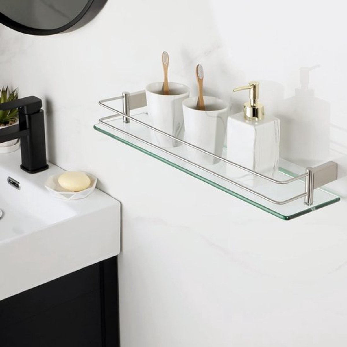 Glazen Wandplank 50CM voor Badkamer met Railing - Draagkrachtige Floating Shelf van 8MM Veiligheidsglas met Geborstelde Afwerking
