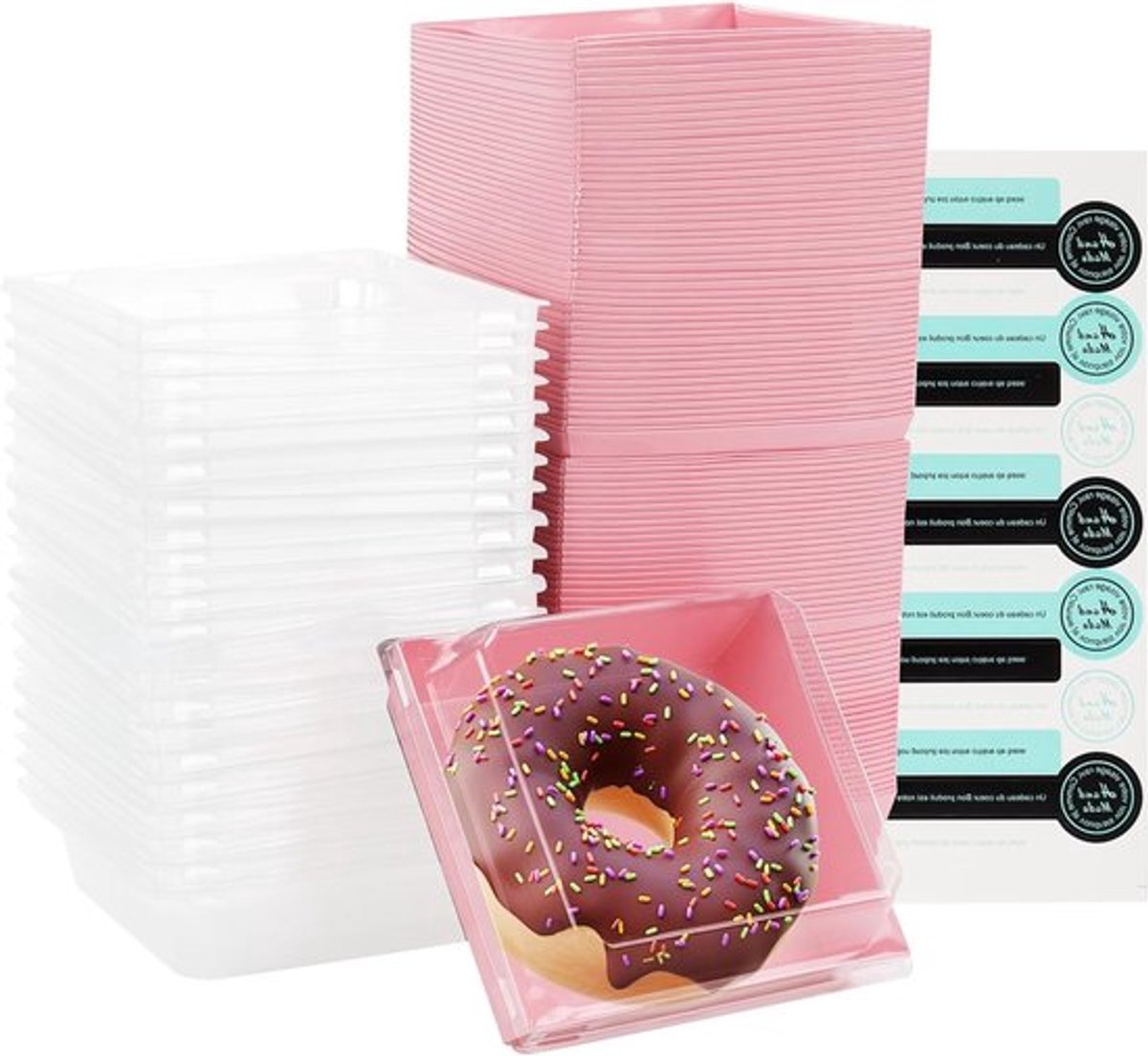 Taartplakdozen met doorzichtige deksels - 100 stuks papieren doosjes voor cake, koekjes en snacks, 13 cm, roze