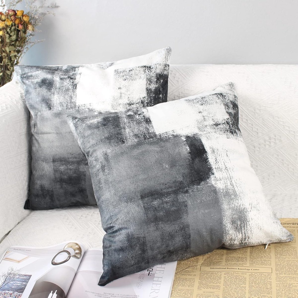 SnelShoppen - Decoratieve kussensloop set van 2, fluwelen kussenslopen 50 x 50 cm, grijs, sierkussen voor bank, landhuisstijl, esthetisch, outdoor kus
