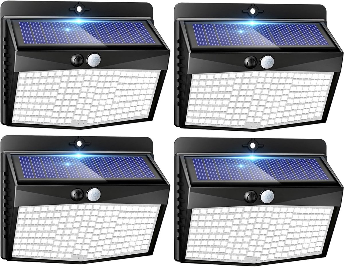 SnelShoppen - Buitenlamp op Zonne-energie met Bewegingssensor - 4 Stuks Superheldere Tuinlampen - 180° Verlichting - IP65 Waterdichte Wandlamp voor Tu