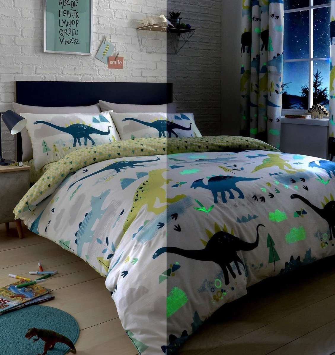 SnelShoppen - Bedlam Dino Beddengoedset, Licht in het Donker, Meerkleurig, Dekbedovertrekset voor Tweepersoonsbed, Ideaal voor Kinderen, Leuk en Speel