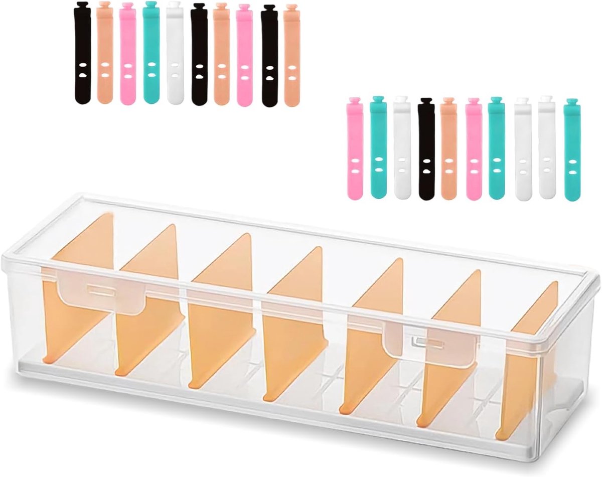 SnelShoppen - Kabelorganizer Box - 1 Stuk Transparante Kabelbox van Kunststof met Deksel, 20 Kabelbinders en 7 Verstelbare Vakken, Ideaal voor Thuis e