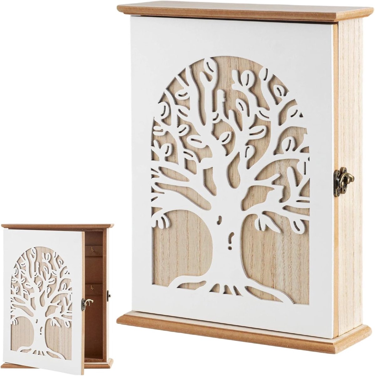 Sleutelkast van hout, levensboom sleutelbox met haaken, vintage sleutelkast met 6 haaken, witte sleutelopberger - ShopVlot