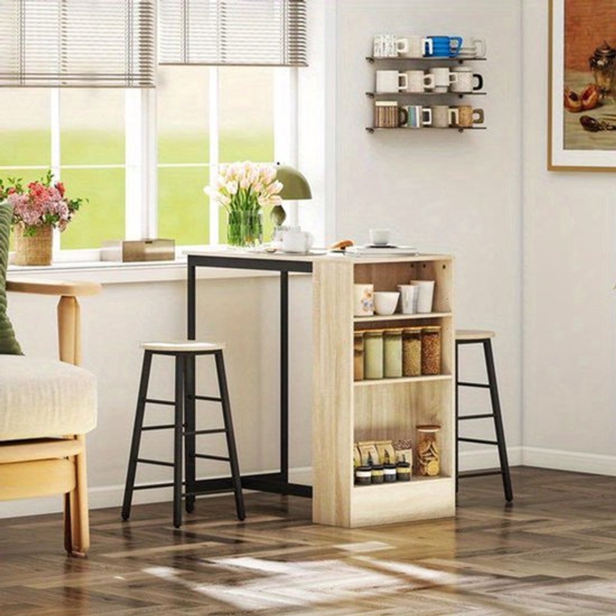 3-in-1 Bartafel Set – Bar Tafel – Bar Meubel – Horeca Tafel – Opbergrek Tafel – Compact Ontwerp – Massief Hout & Metalen Frame