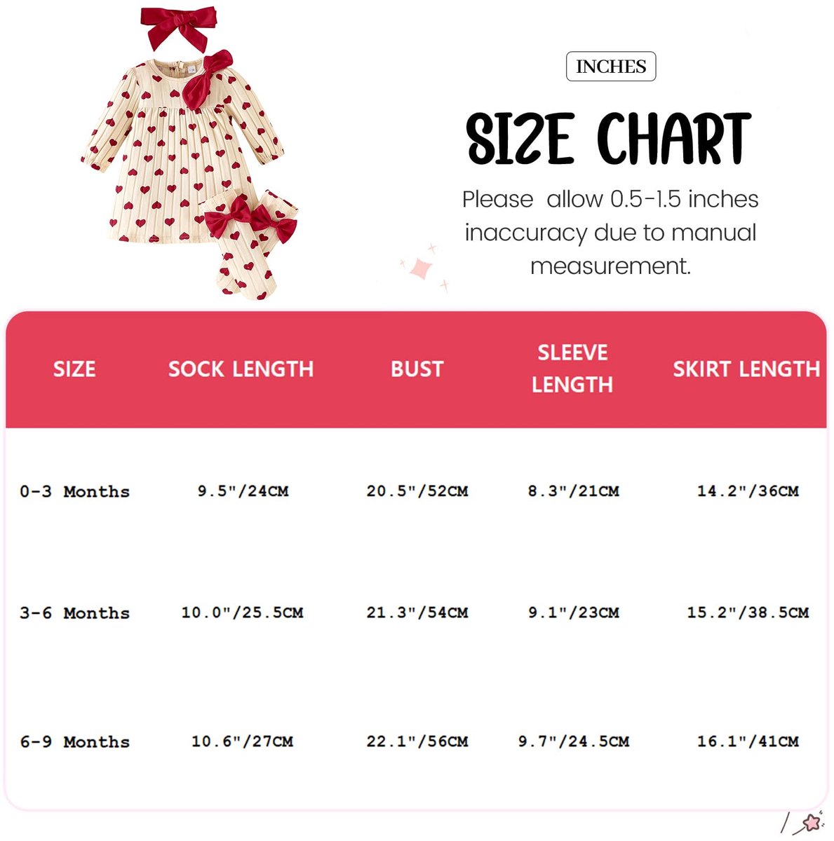 SnelShoppen - LUVCES Jurk voor Pasgeborenen Meisjes met Hartjes, Lange Mouwen, Geribbeld, Inclusief Hoofdband en Sokken, 3 Stuks, 0-3 Maanden, Valenti