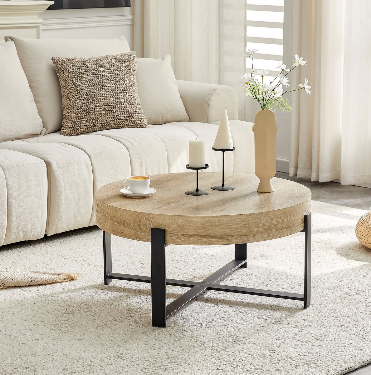 MODENUIT Salontafel - Rond MDF Tafelblad Met Houtnerf - Voor Woonkamer - Metaal - 68 Cm - Zwart Houtkleur